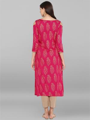 fuchsia foil printed kurta with pant set - 15937004 - Standard Image - 3