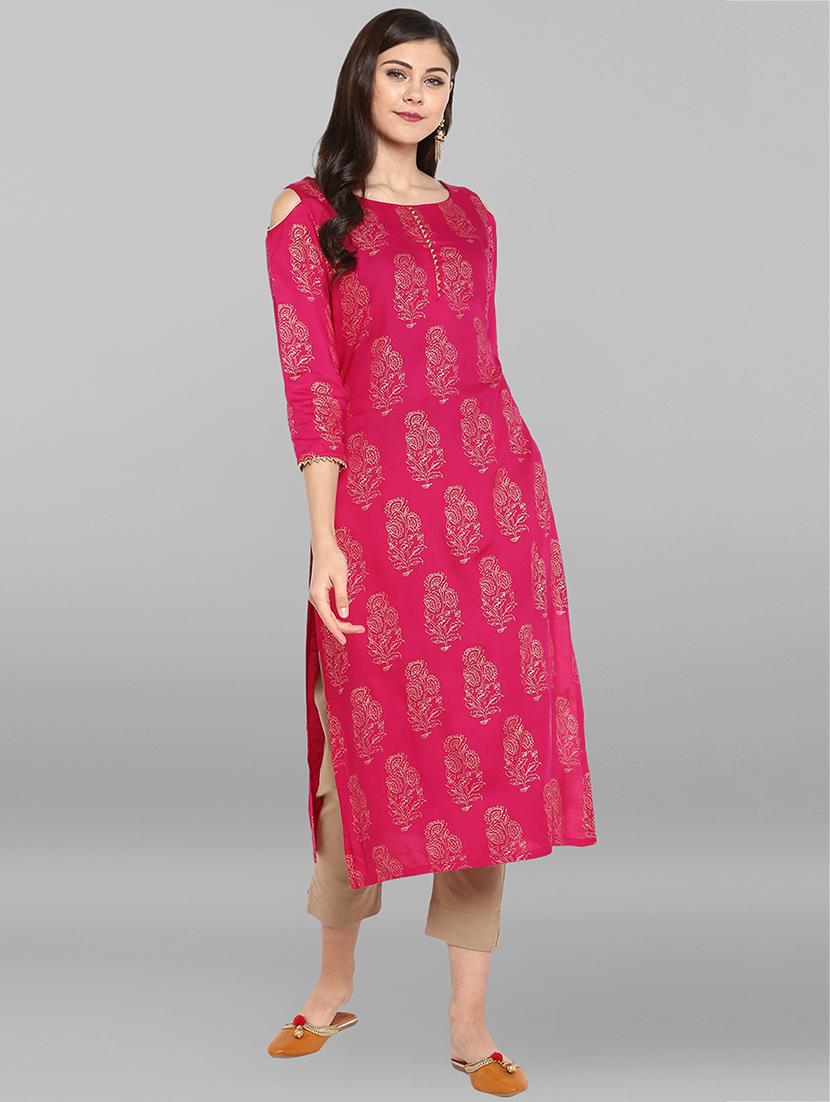 fuchsia foil printed kurta with pant set - 15937004 - Zoom Image - 1