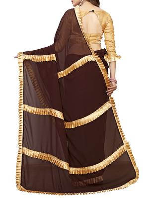 ruffle lace border brown bordered saree with blouse - 15938640 - Standard Image - 2