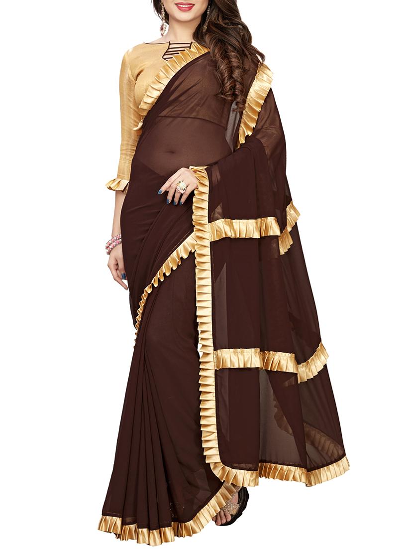 ruffle lace border brown bordered saree with blouse - 15938640 - Zoom Image - 1