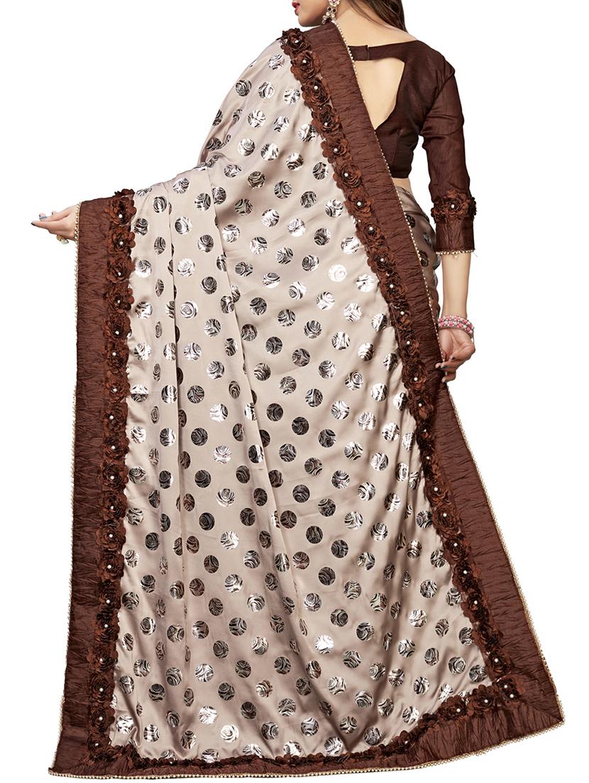 polka dots foil printed beige saree with blouse - 15938647 - Zoom Image - 2