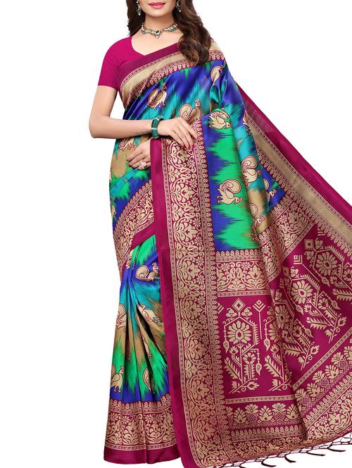 bird motif printed saree with blouse - 15940009 - Standard Image - 1