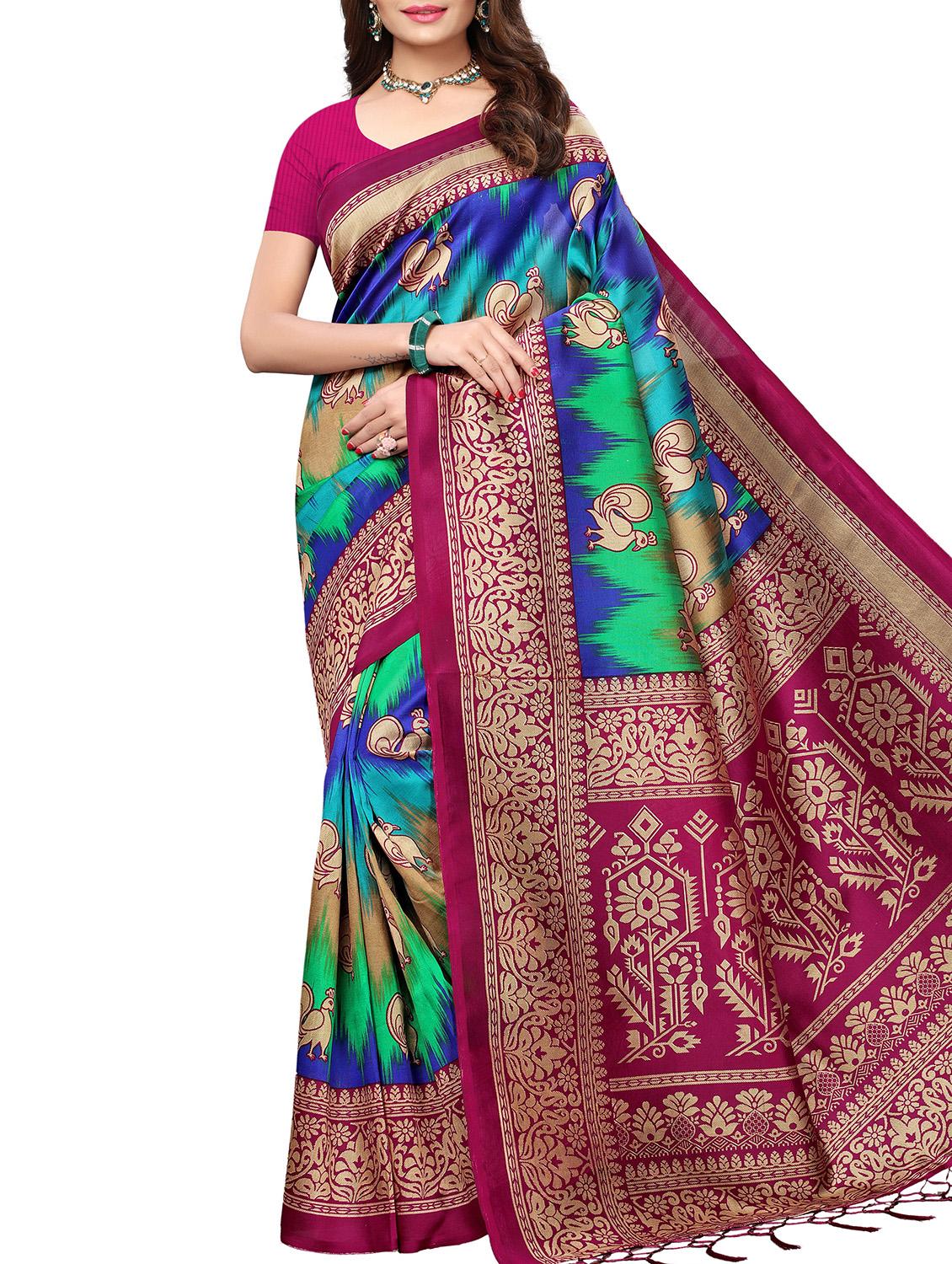 bird motif printed saree with blouse - 15940009 - Zoom Image - 1