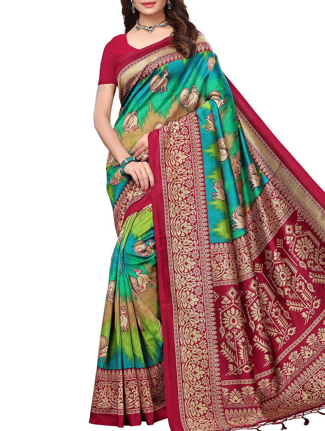 bird motif printed saree with blouse - 15940010 - Zoom Image - 1