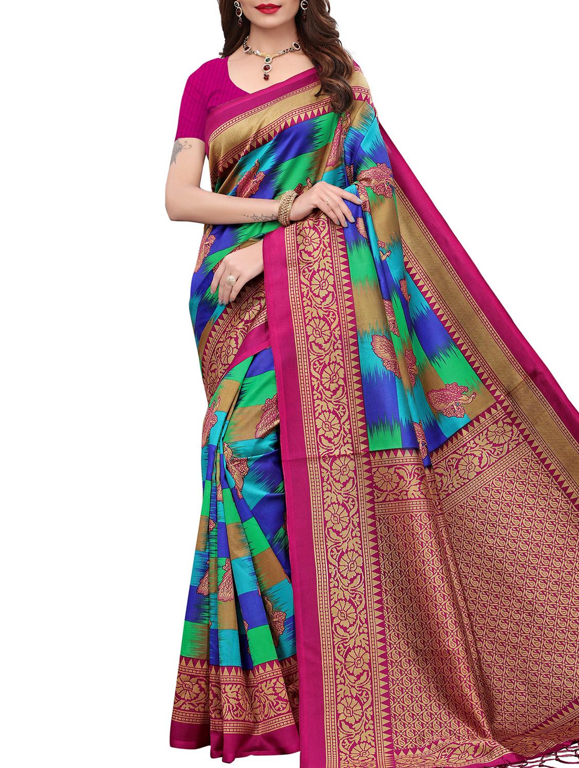 bird motif printed saree with blouse - 15940014 - Zoom Image - 1