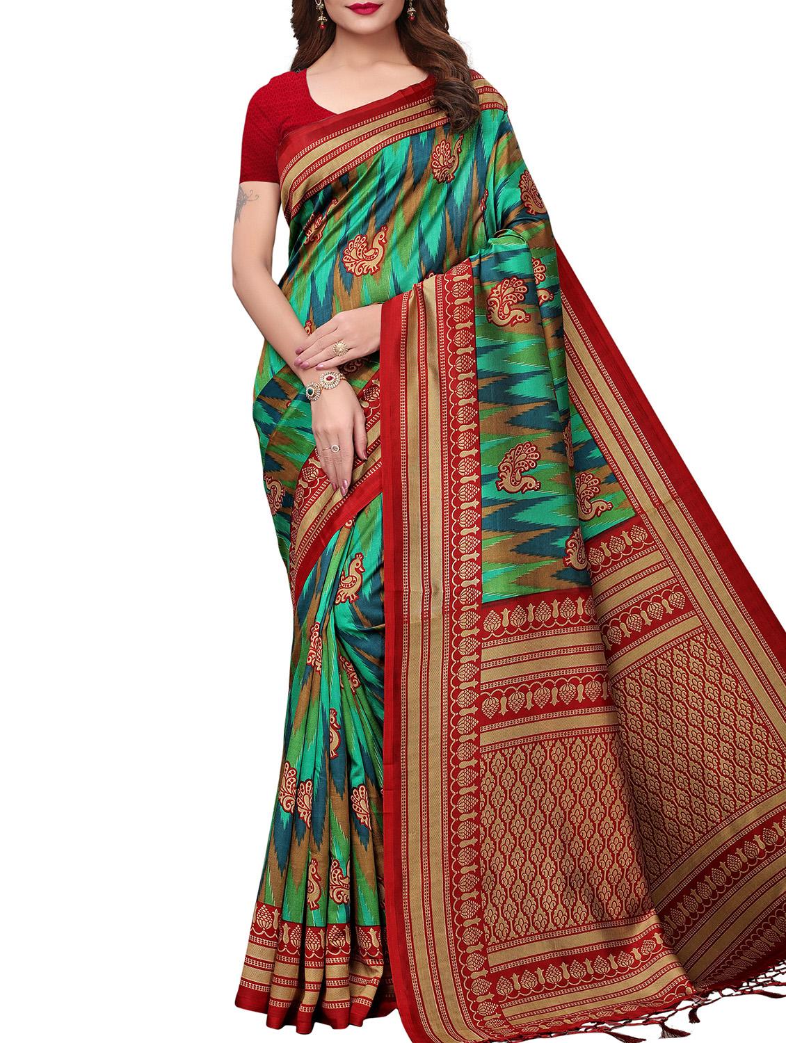 bird motif printed saree with blouse - 15940017 - Zoom Image - 1