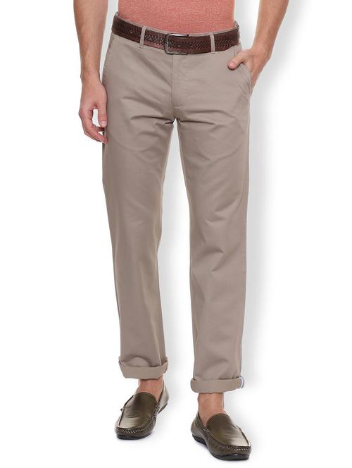 brown cotton flat front casual trousers - 15940084 - Standard Image - 1