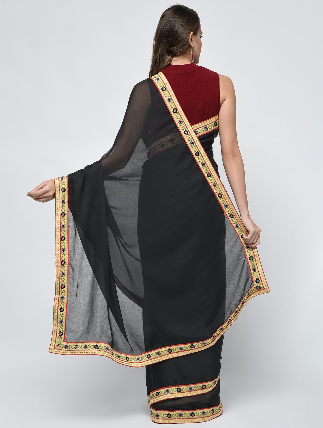 floral embroidered border saree with blouse - 15940673 - Zoom Image - 2