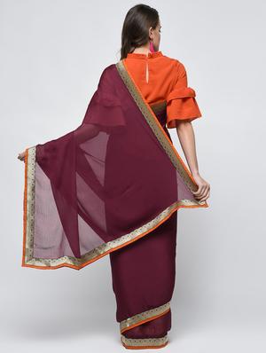 zari lace border burgundy saree with blouse - 15940688 - Standard Image - 2
