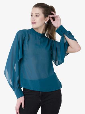 mock neck cut out sleeved top - 15941034 - Standard Image - 2