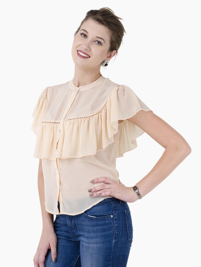 lace insert button up ruffled top - 15941036 - Zoom Image - 2