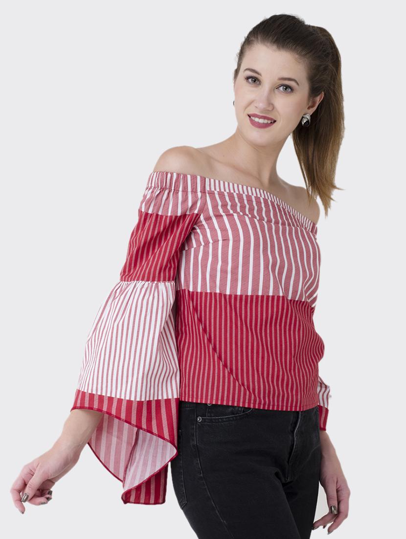 bell sleeved striped off shoulder top - 15941039 - Zoom Image - 2