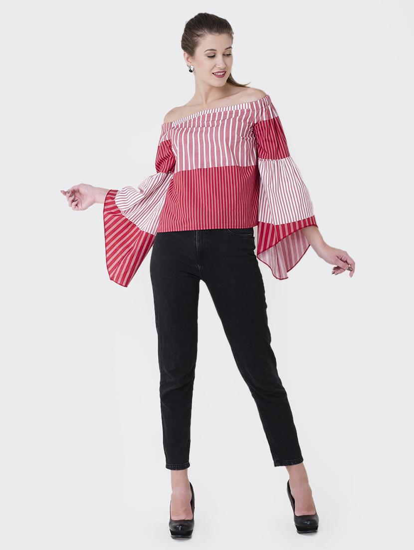 bell sleeved striped off shoulder top - 15941039 - Zoom Image - 4