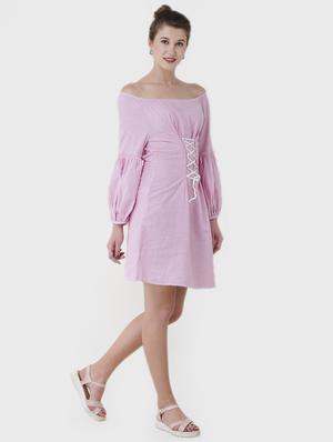 lace up detail striped off shoulder dress - 15941041 - Standard Image - 2