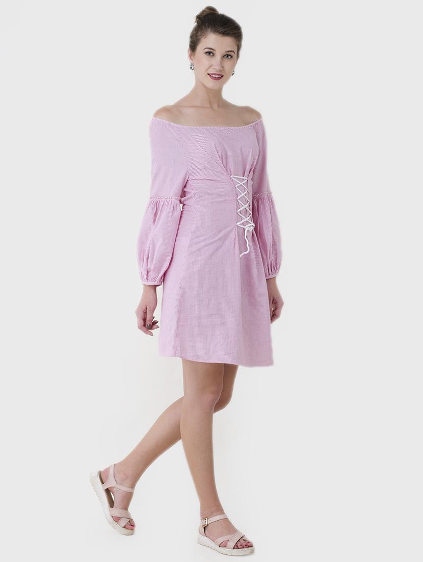 lace up detail striped off shoulder dress - 15941041 - Zoom Image - 2