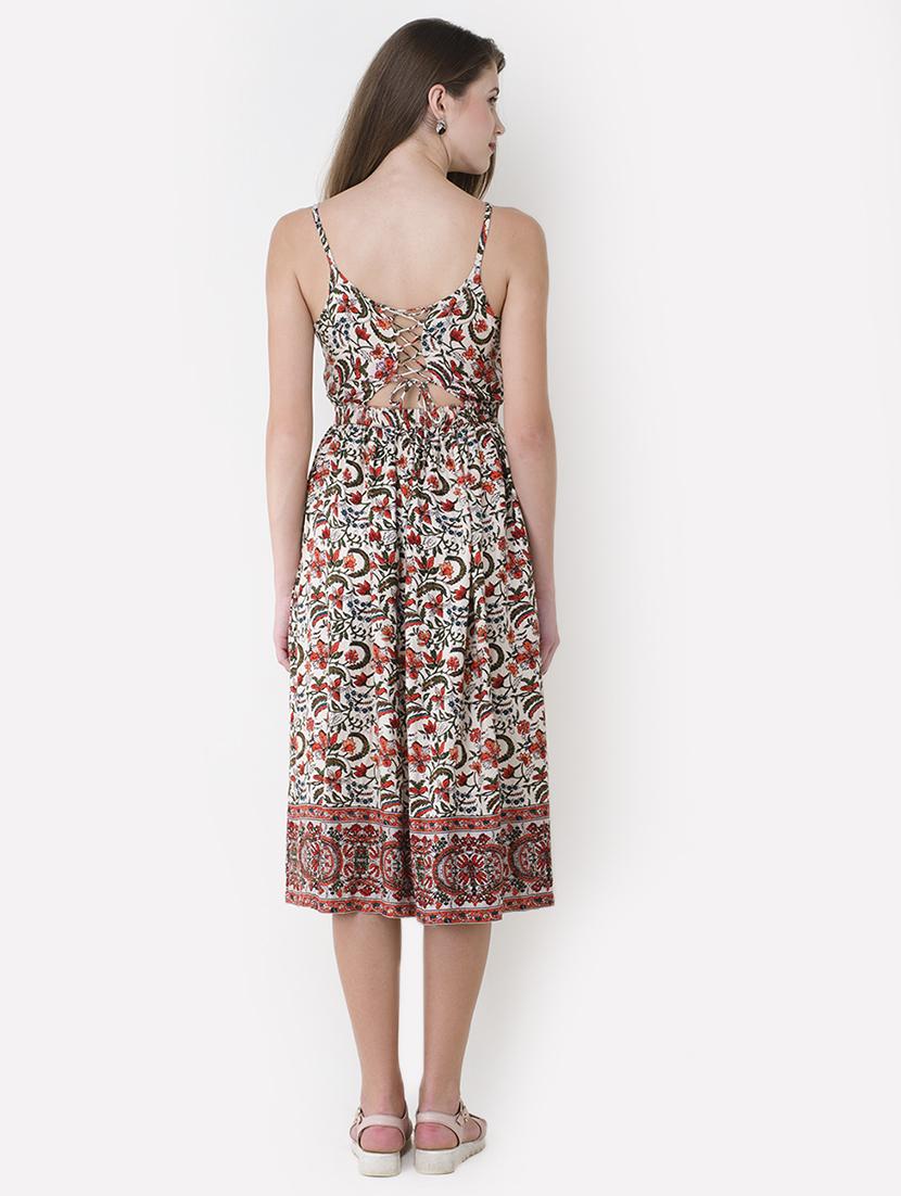 lace up back botanical print flared dress - 15941043 - Zoom Image - 3