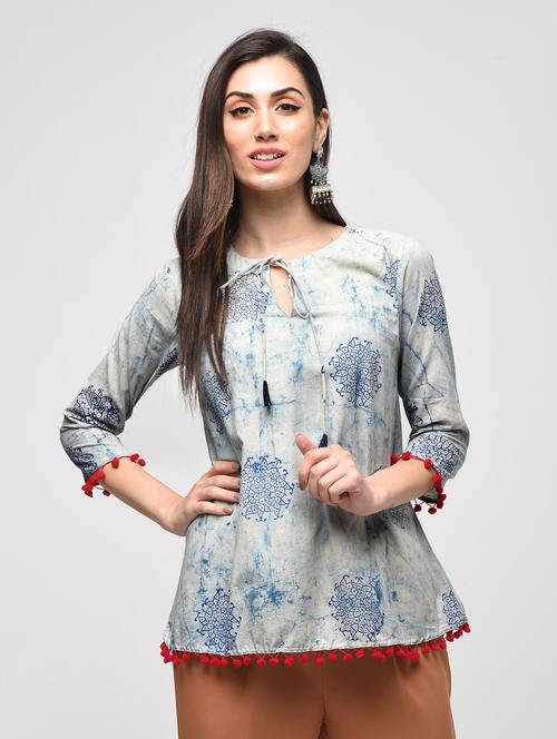 dabu printed tie up neck with tassels tunic - 15941098 - Standard Image - 1