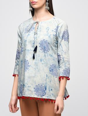 dabu printed tie up neck with tassels tunic - 15941098 - Standard Image - 6