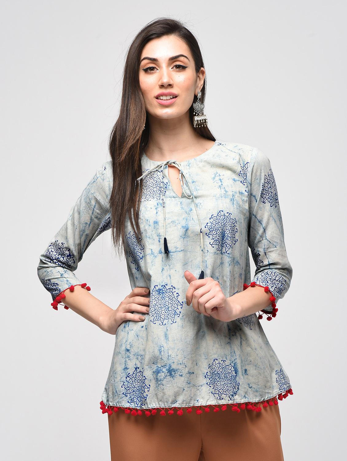 dabu printed tie up neck with tassels tunic - 15941098 - Zoom Image - 1