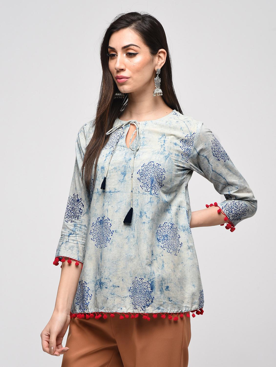 dabu printed tie up neck with tassels tunic - 15941098 - Zoom Image - 2