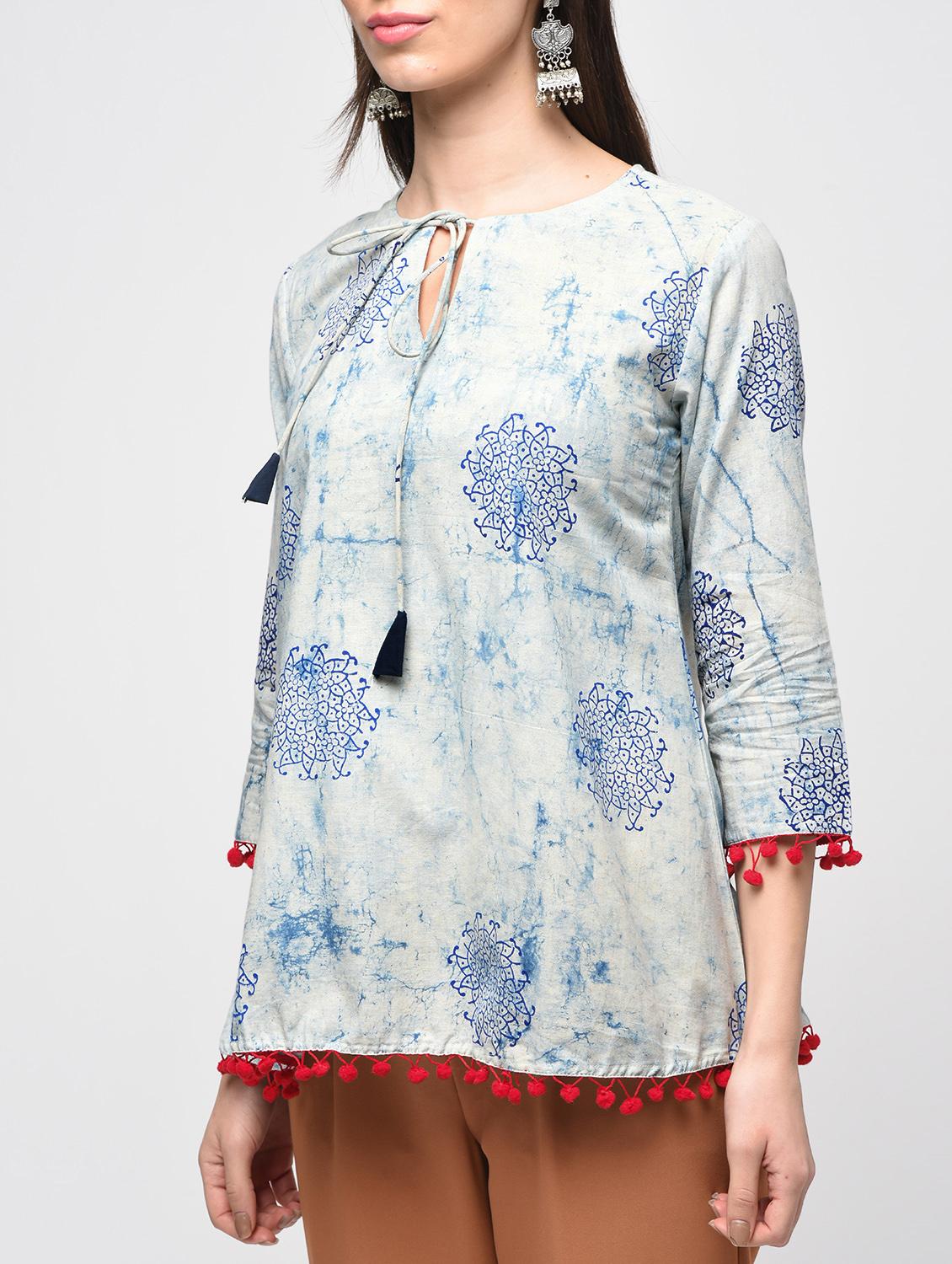 dabu printed tie up neck with tassels tunic - 15941098 - Zoom Image - 5