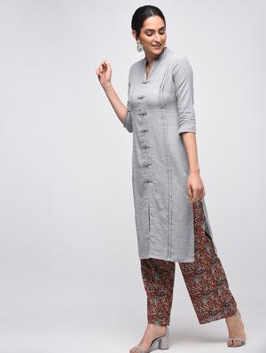 grey pintucks solid straight kurta - 15941159 - Standard Image - 3