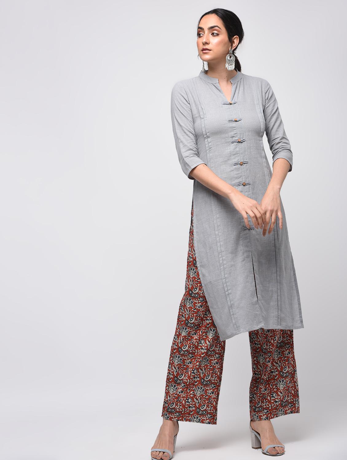 grey pintucks solid straight kurta - 15941159 - Zoom Image - 2