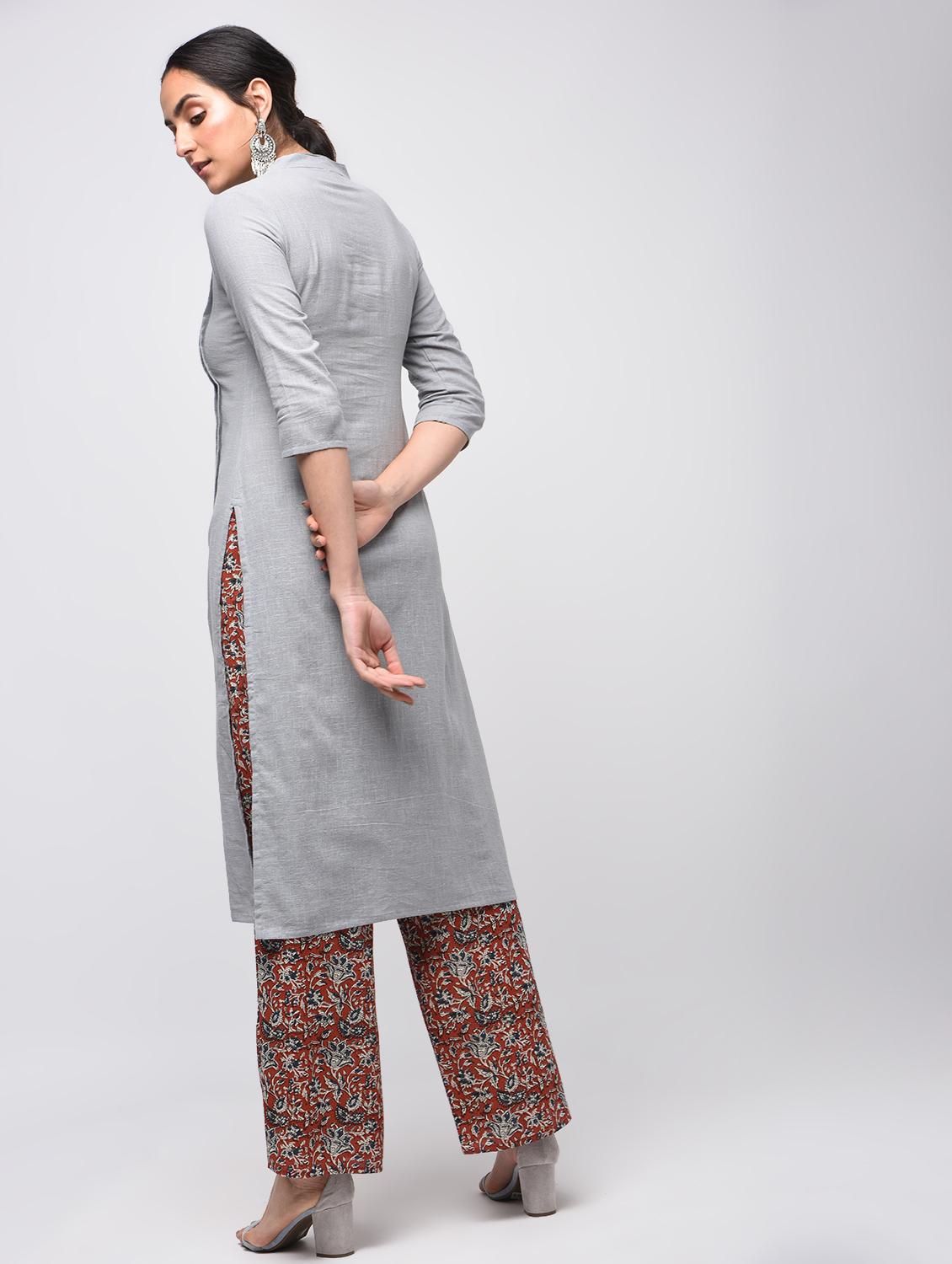 grey pintucks solid straight kurta - 15941159 - Zoom Image - 4