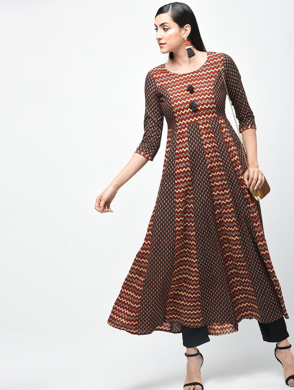 chevron printed anarkali kurta with tassels - 15941749 - Zoom Image - 1