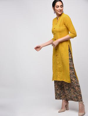 mustard pintucks straight kurta - 15941752 - Standard Image - 2