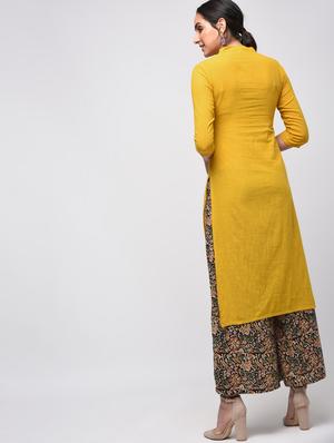 mustard pintucks straight kurta - 15941752 - Standard Image - 3