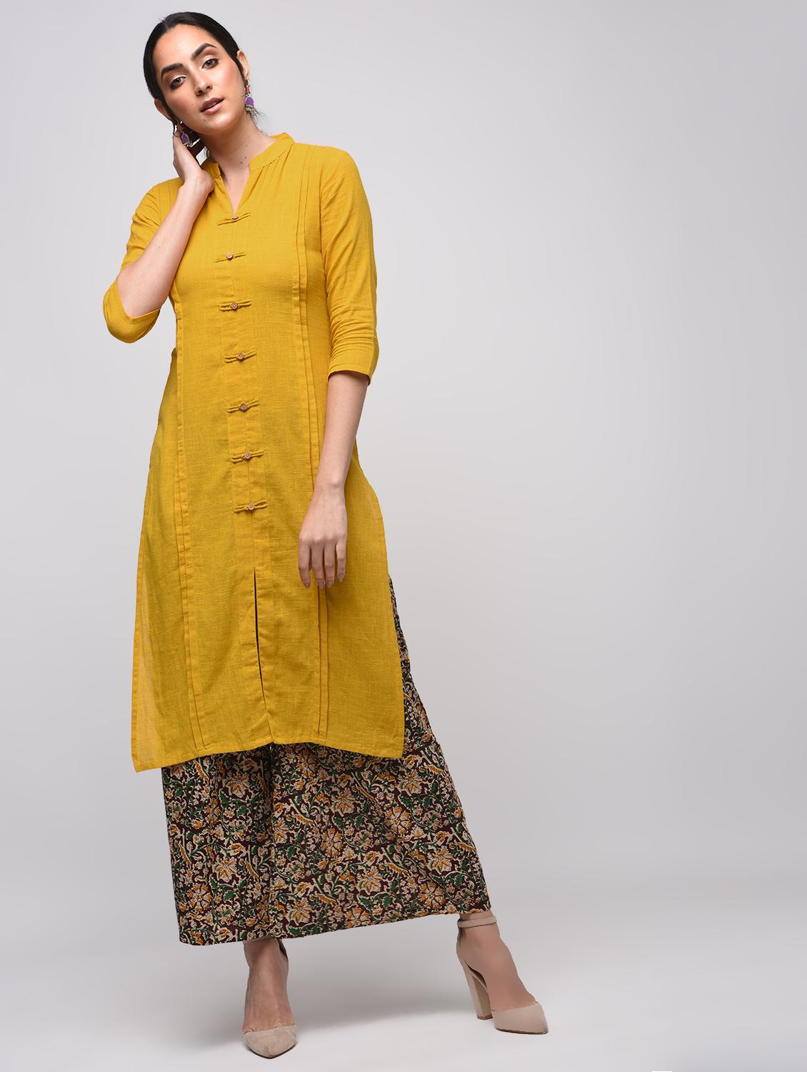 mustard pintucks straight kurta - 15941752 - Zoom Image - 1