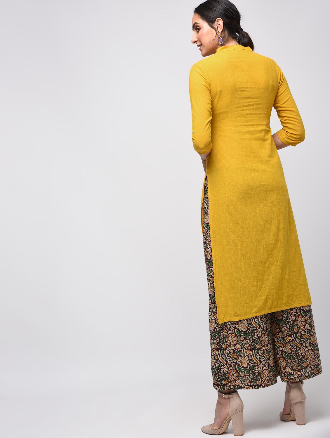 mustard pintucks straight kurta - 15941752 - Zoom Image - 3