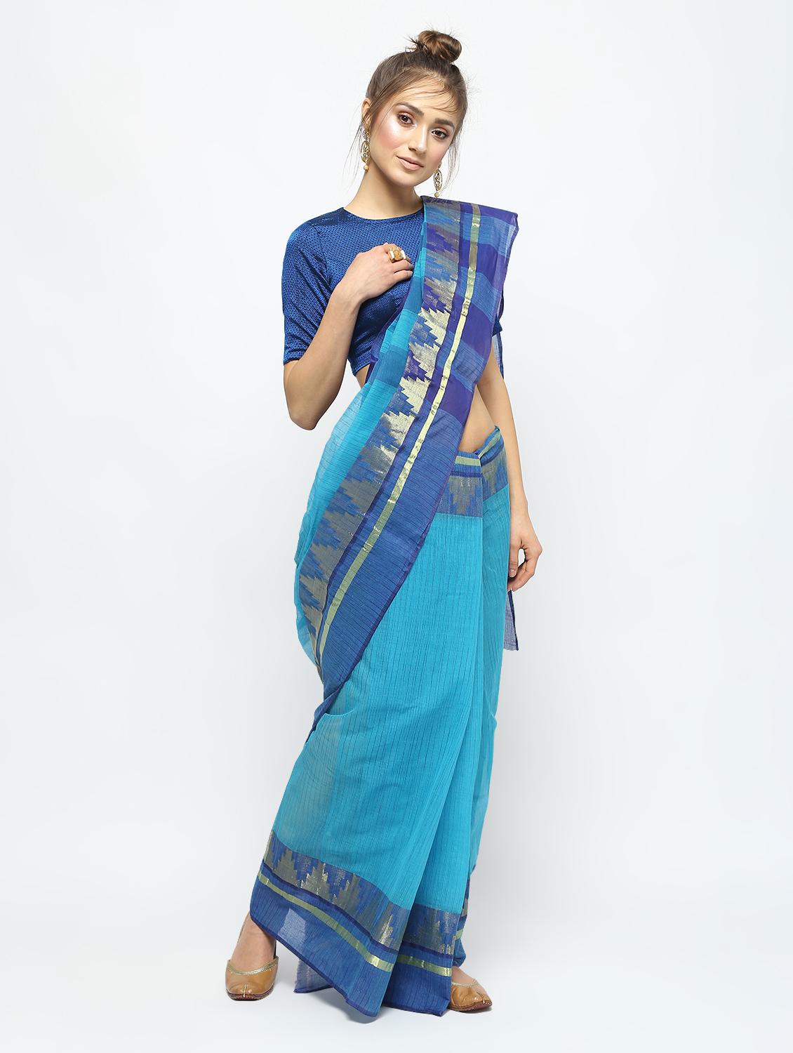 sky blue cotton tant saree - 15941999 - Zoom Image - 1
