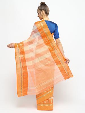 checkered zari motif orange tant saree - 15942001 - Standard Image - 2
