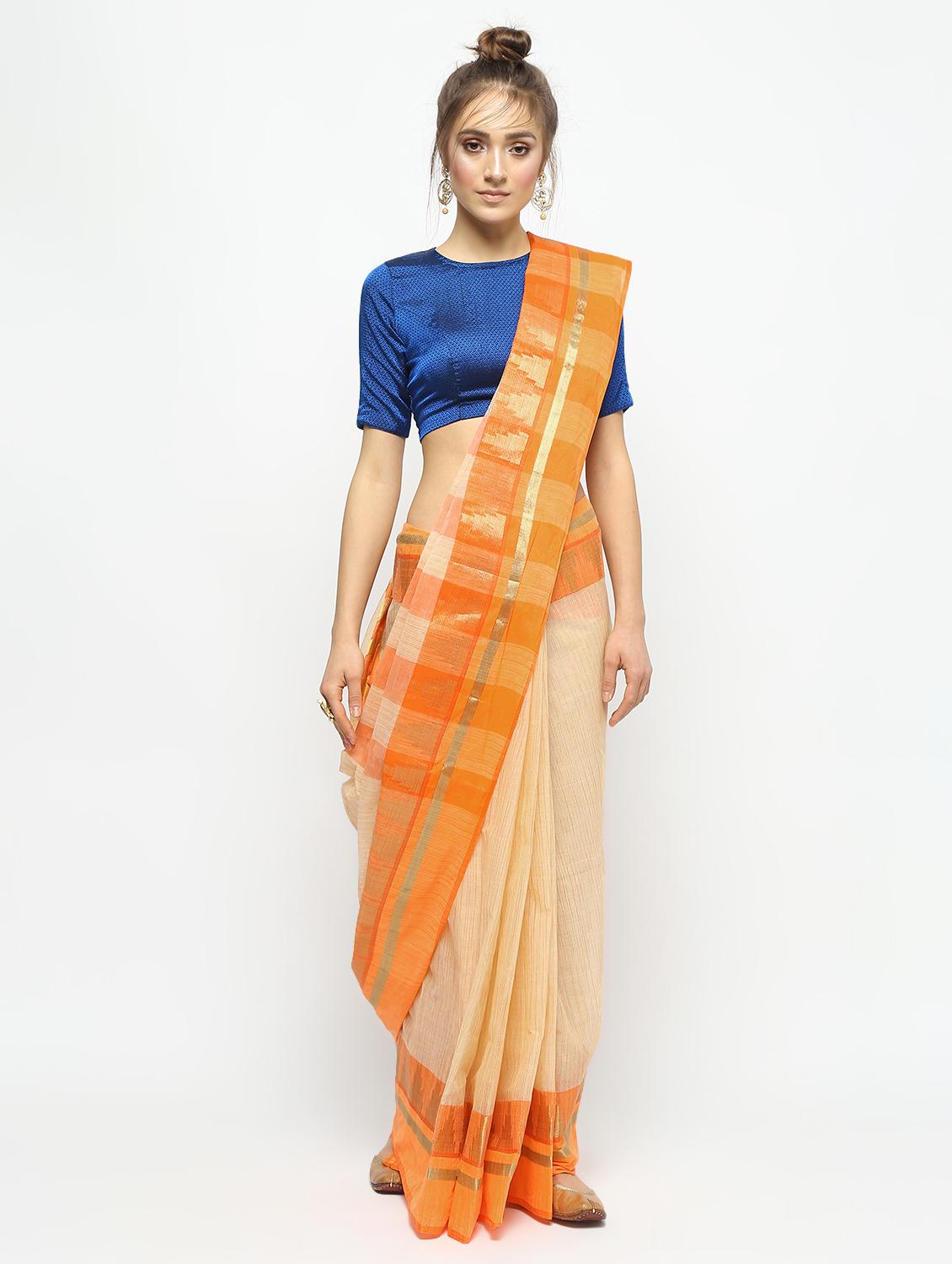 checkered zari motif orange tant saree - 15942001 - Zoom Image - 1