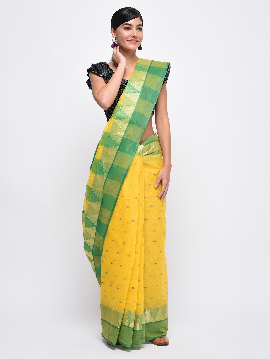 contrast zari border yellow tant saree - 15942002 - Zoom Image - 1
