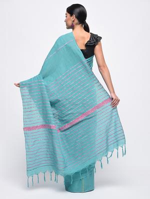 striped pallu sky blue handloom saree with blouse - 15942010 - Standard Image - 2