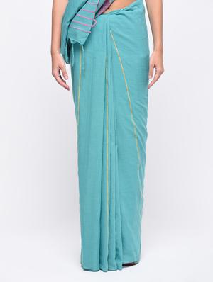 striped pallu sky blue handloom saree with blouse - 15942010 - Standard Image - 3