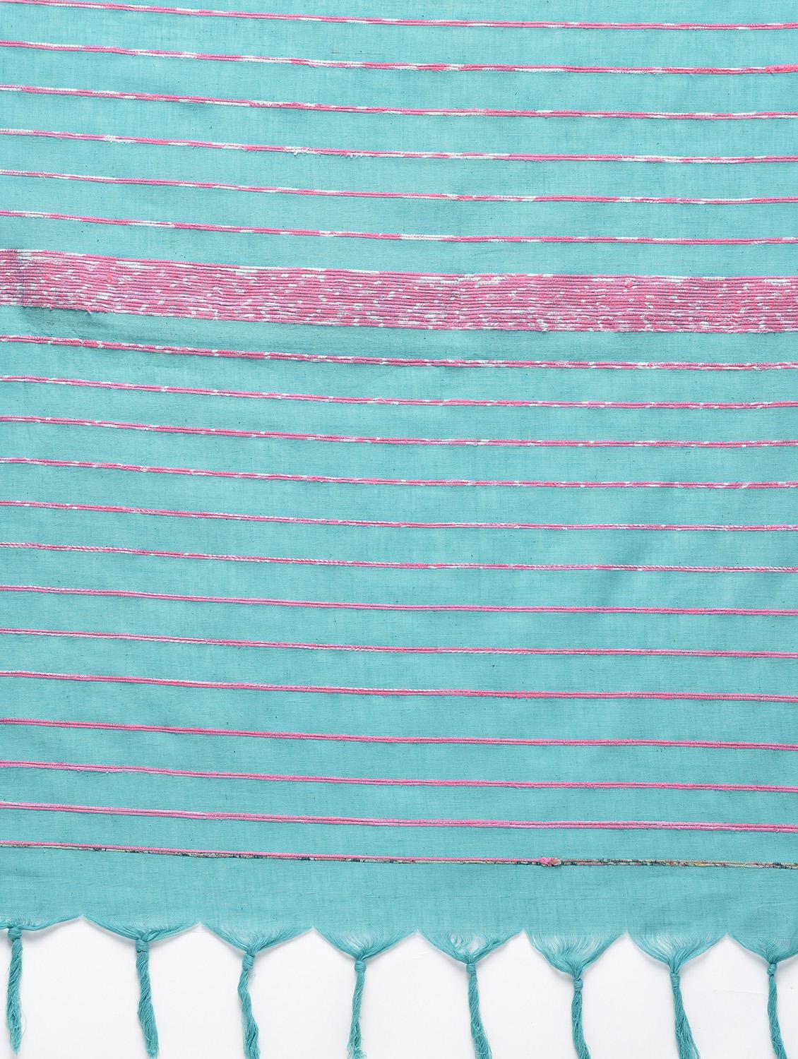 striped pallu sky blue handloom saree with blouse - 15942010 - Zoom Image - 5