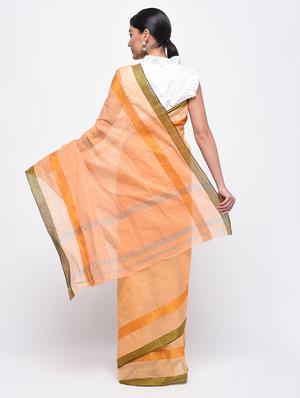striped zari border peach tant saree - 15942016 - Standard Image - 2