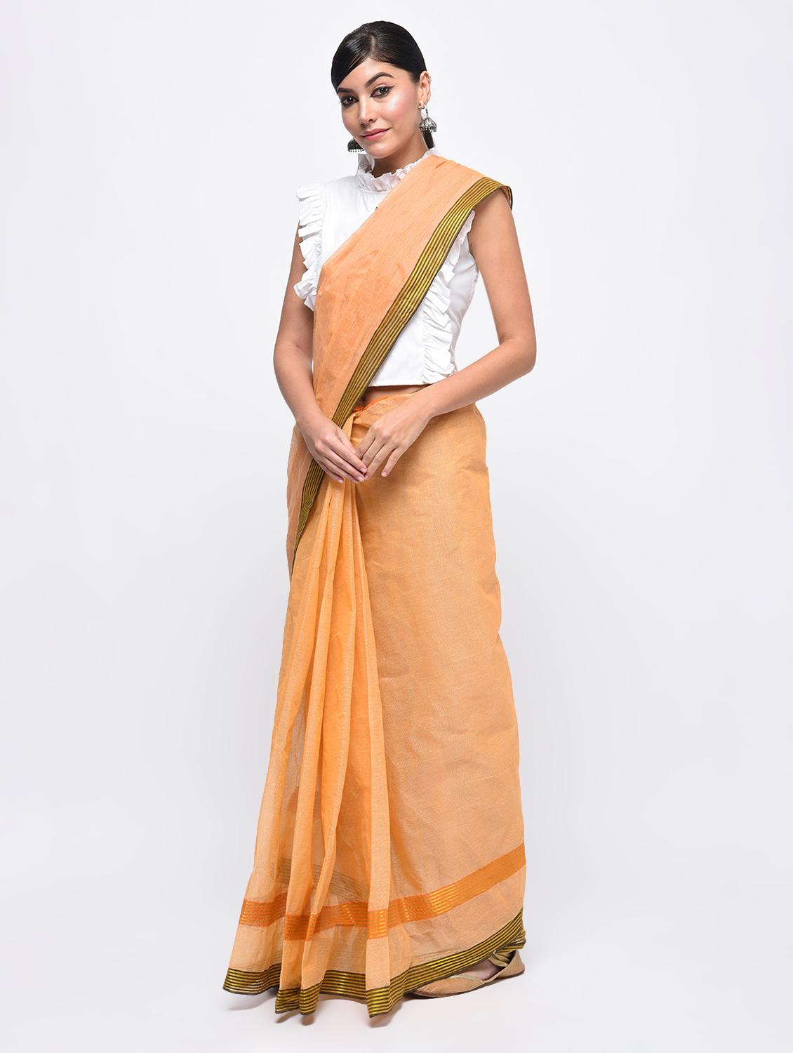 striped zari border peach tant saree - 15942016 - Zoom Image - 1