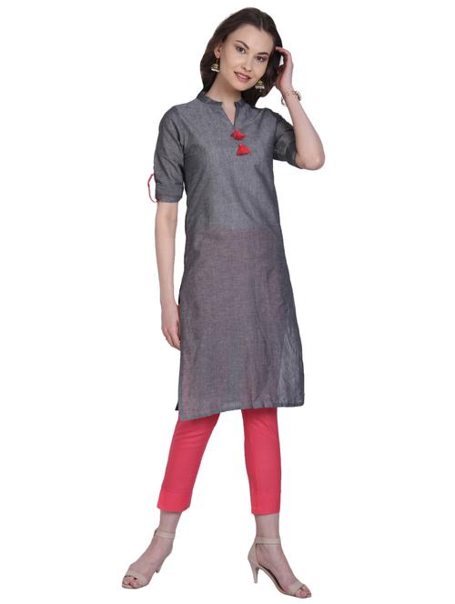 solid straight kurta with tassels - 15942316 - Standard Image - 1