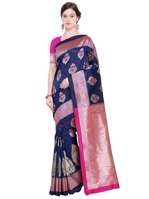 floral zari motif navy kanjivaram saree with blouse - 15942386 - Standard Image - 1