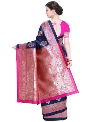 floral zari motif navy kanjivaram saree with blouse - 15942386 - Standard Image - 2