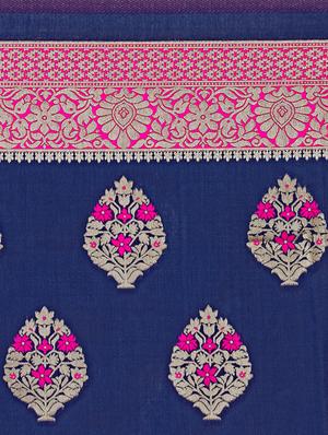 floral zari motif navy kanjivaram saree with blouse - 15942386 - Standard Image - 5