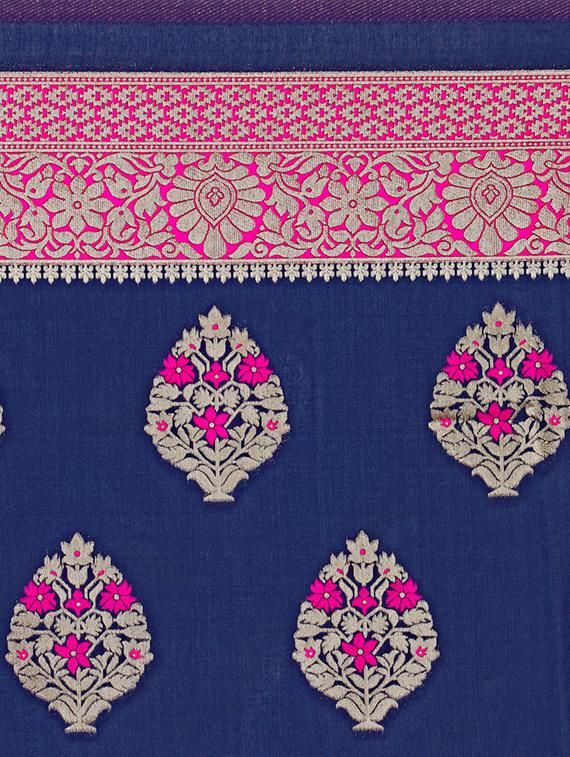 floral zari motif navy kanjivaram saree with blouse - 15942386 - Zoom Image - 5
