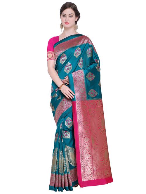 floral zari motif turquoise kanjivaram saree with blouse - 15942388 - Standard Image - 1
