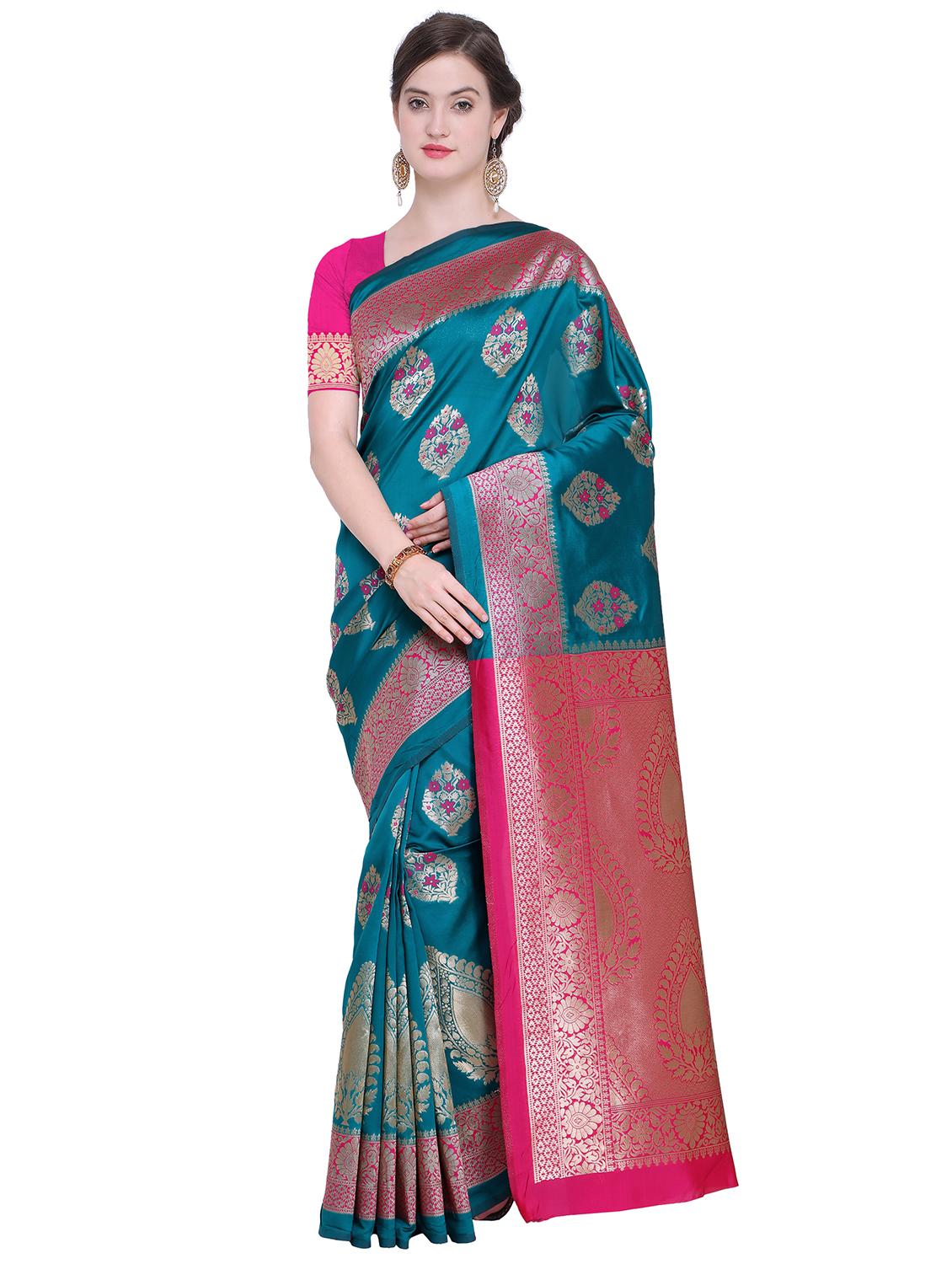 floral zari motif turquoise kanjivaram saree with blouse - 15942388 - Zoom Image - 1