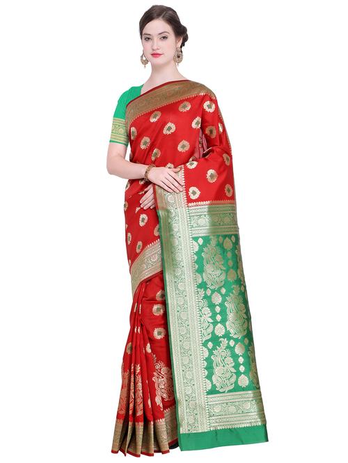 floral zari motif red kanjivaram saree with blouse - 15942394 - Standard Image - 1